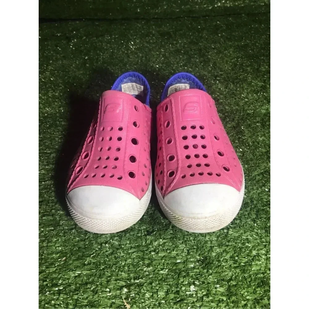Kids Skechers sandals size 7c 86958 pink/white rubber cap toe shoes water